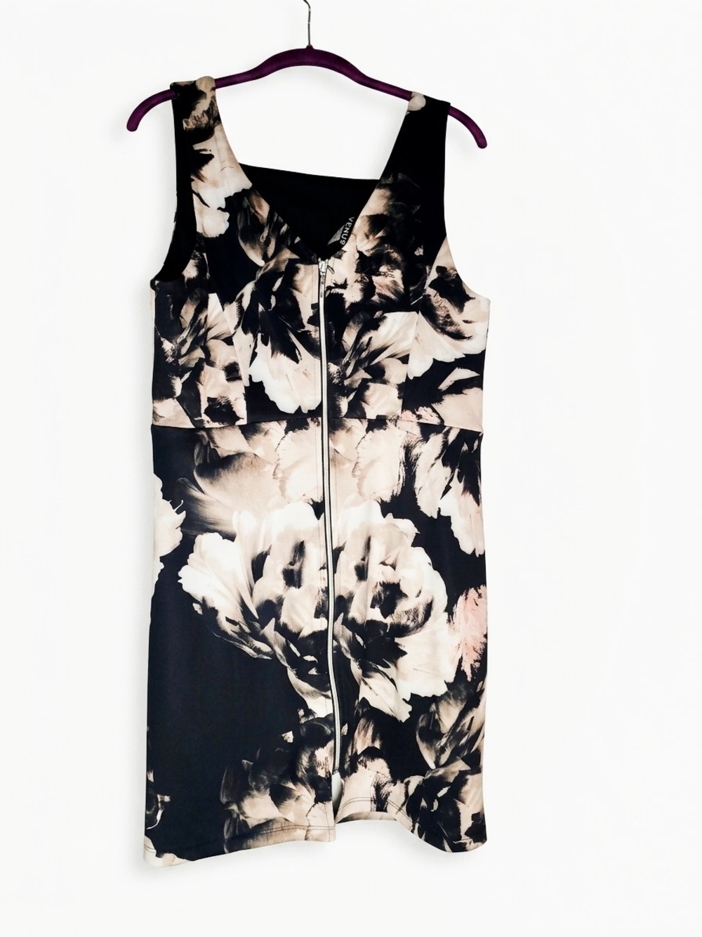VENUS Black & Cream Floral Zip-Front Sheath Dress SIZE 14